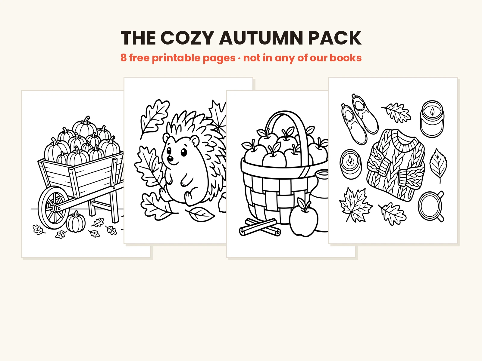 Four sample pages from The Cozy Autumn Pack: a pumpkin wheelbarrow, a hedgehog among leaves, a basket of apples, and a cozy sweater flat lay